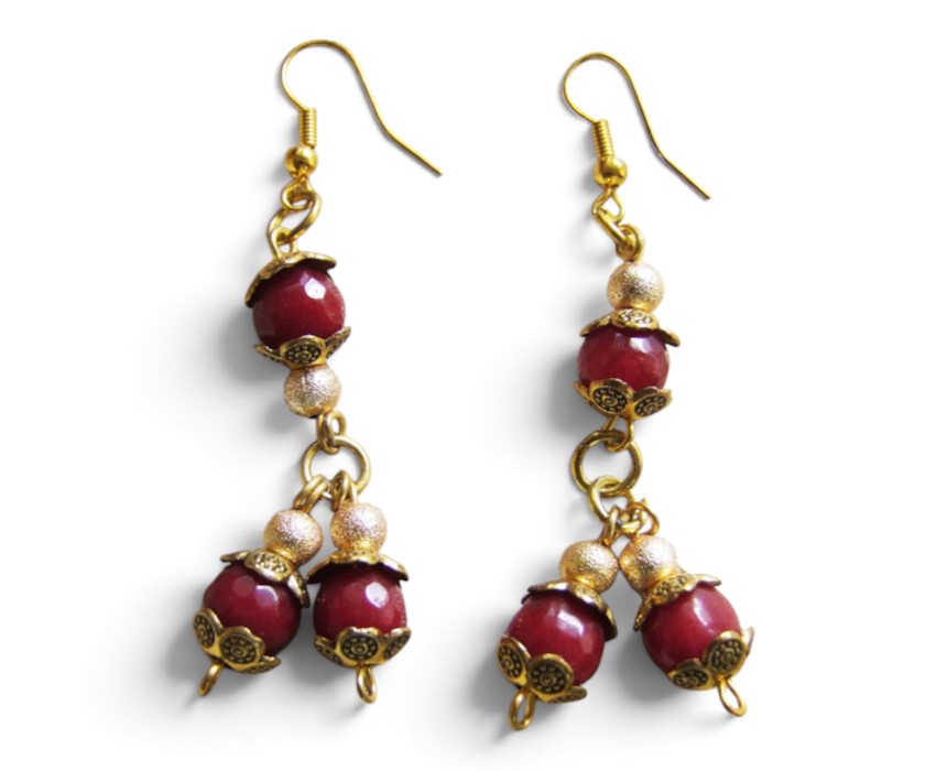 3-Bead Natural 8mm Garnet Earrings