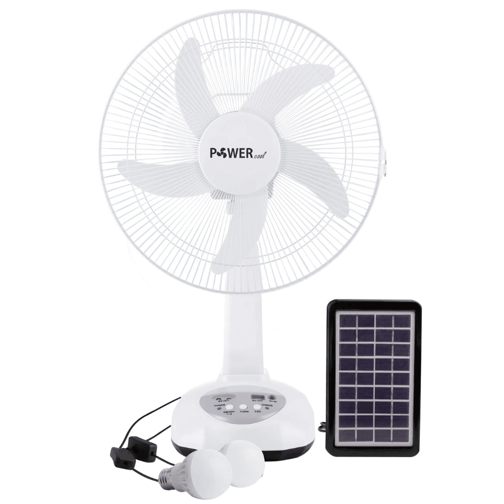 The German Outlet, Power Group, Rechargeable Fan 14" with Solar Panel & 2 Bulbs