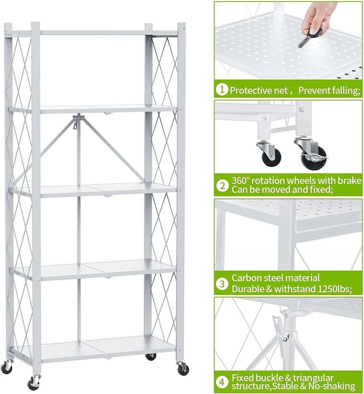 Foldable 5-Layer Metal Shelves with Wheels – White