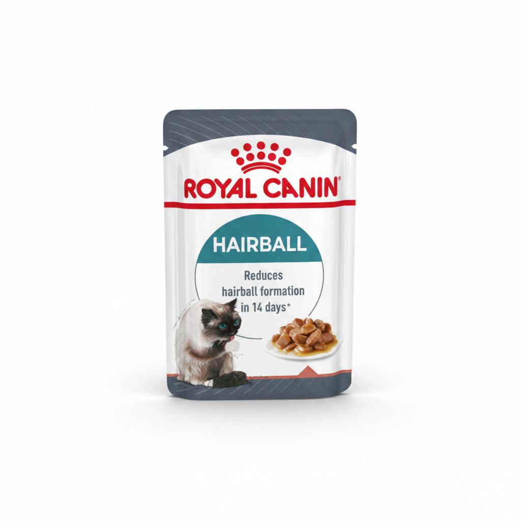 Royal Canin Hairball cat food packaging on a white background