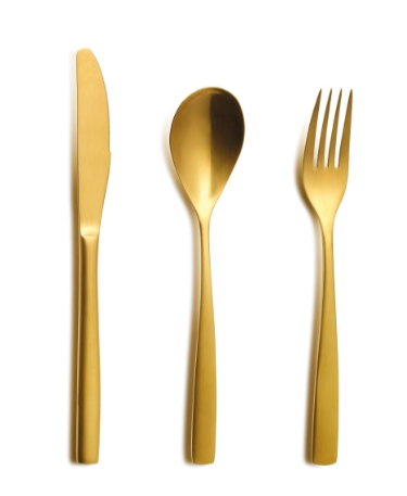 ORO BCN Gold Flatware (Table Spoon, Table Fork, Table Knife - 4 pieces each)  ORO BCN Gold Flatware (Table Spoon, Table Fork, Table Knife - 4 pieces each) ORO BCN Gold Flatware (Table Spoon, Table Fork, Table Knife - 4 pieces each) The Chefs Warehouse By MG