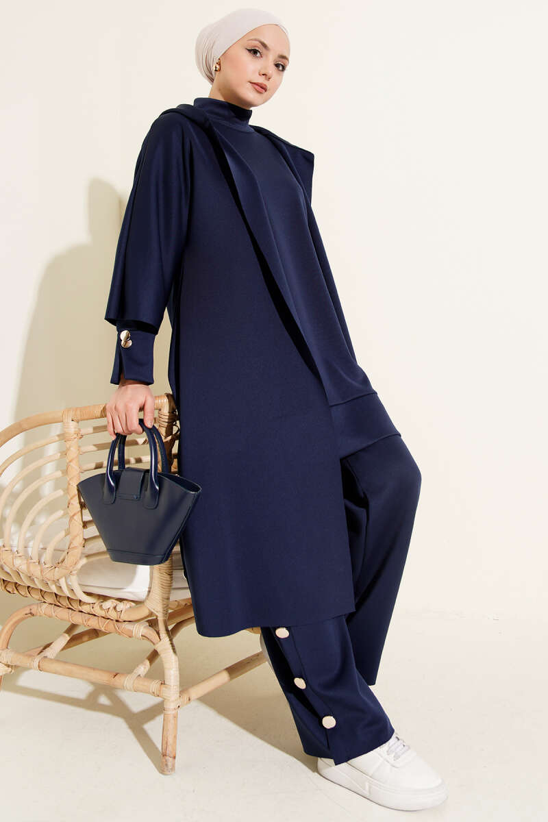 Navy Blue Scuba Three-Piece Set with Long Cardigan