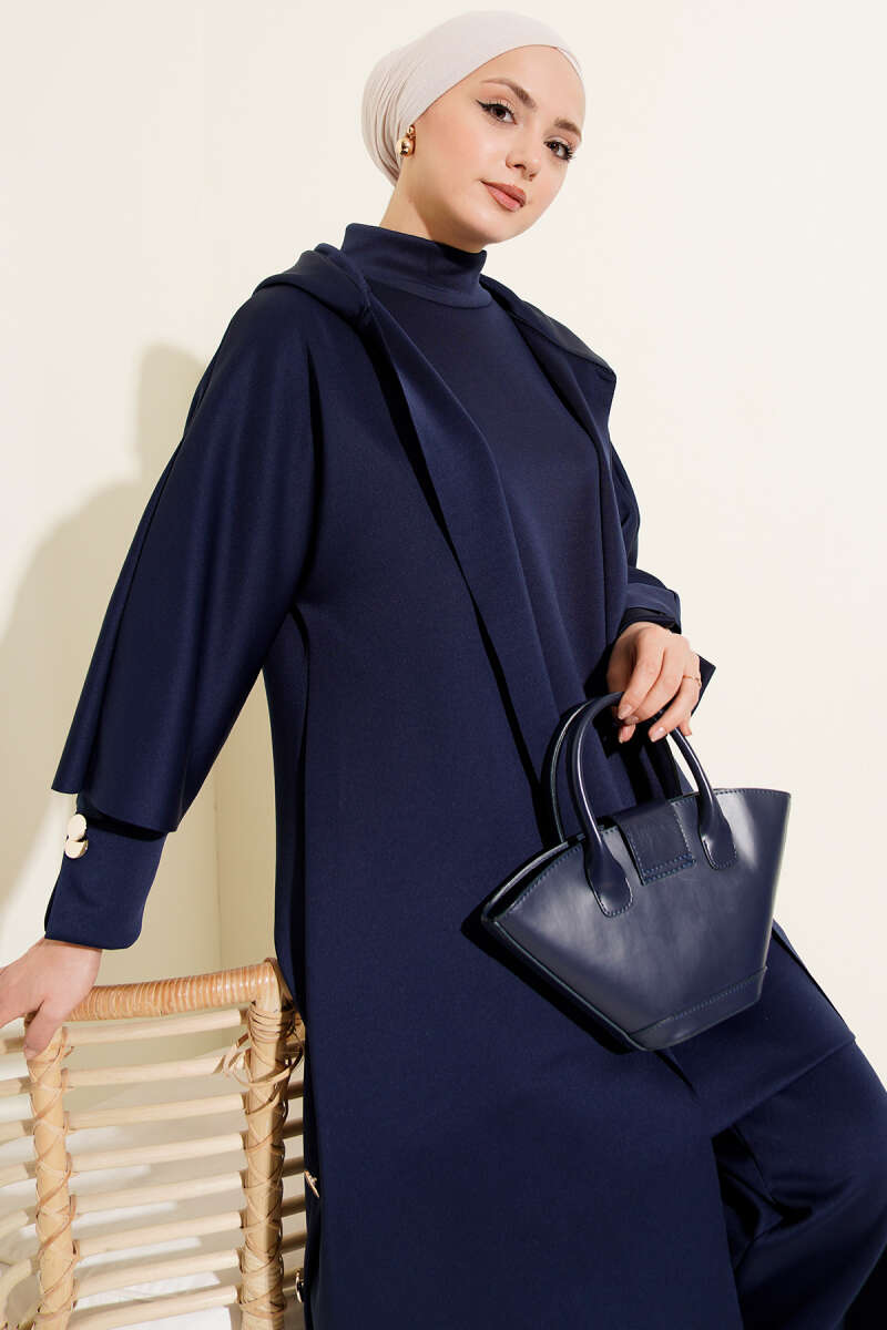 Navy Blue Scuba Three-Piece Set with Long Cardigan