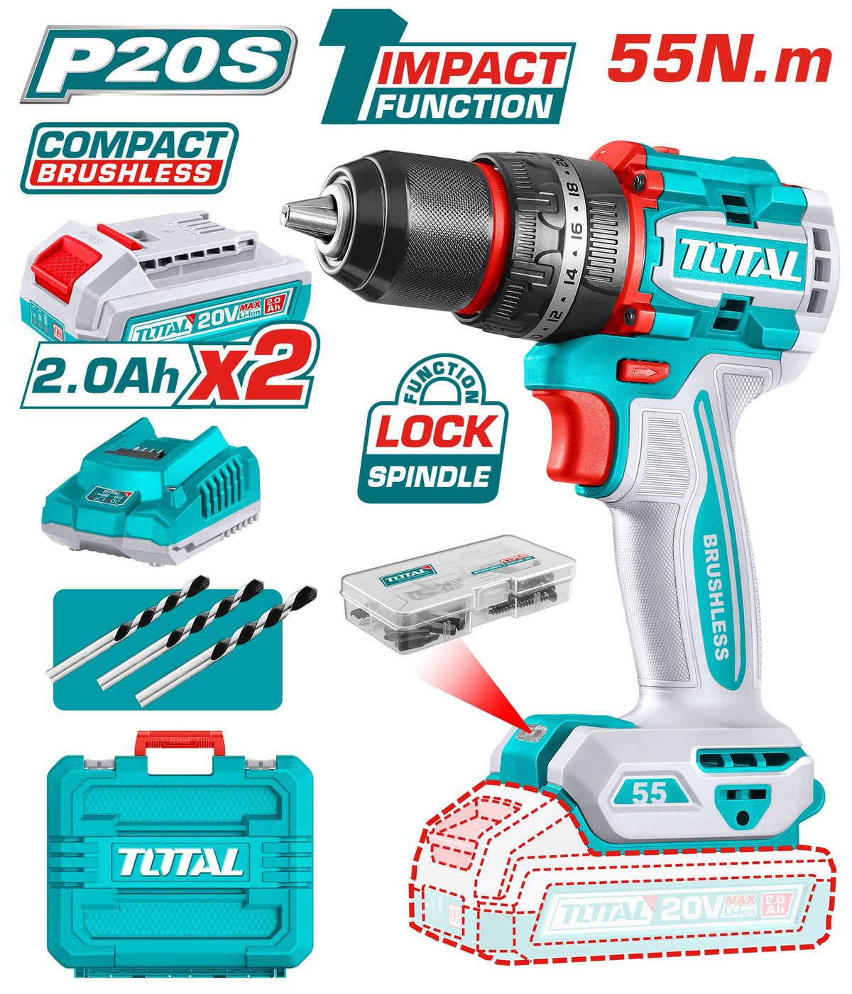 Total 20V Compact Brushless Impact Drill 55N.m