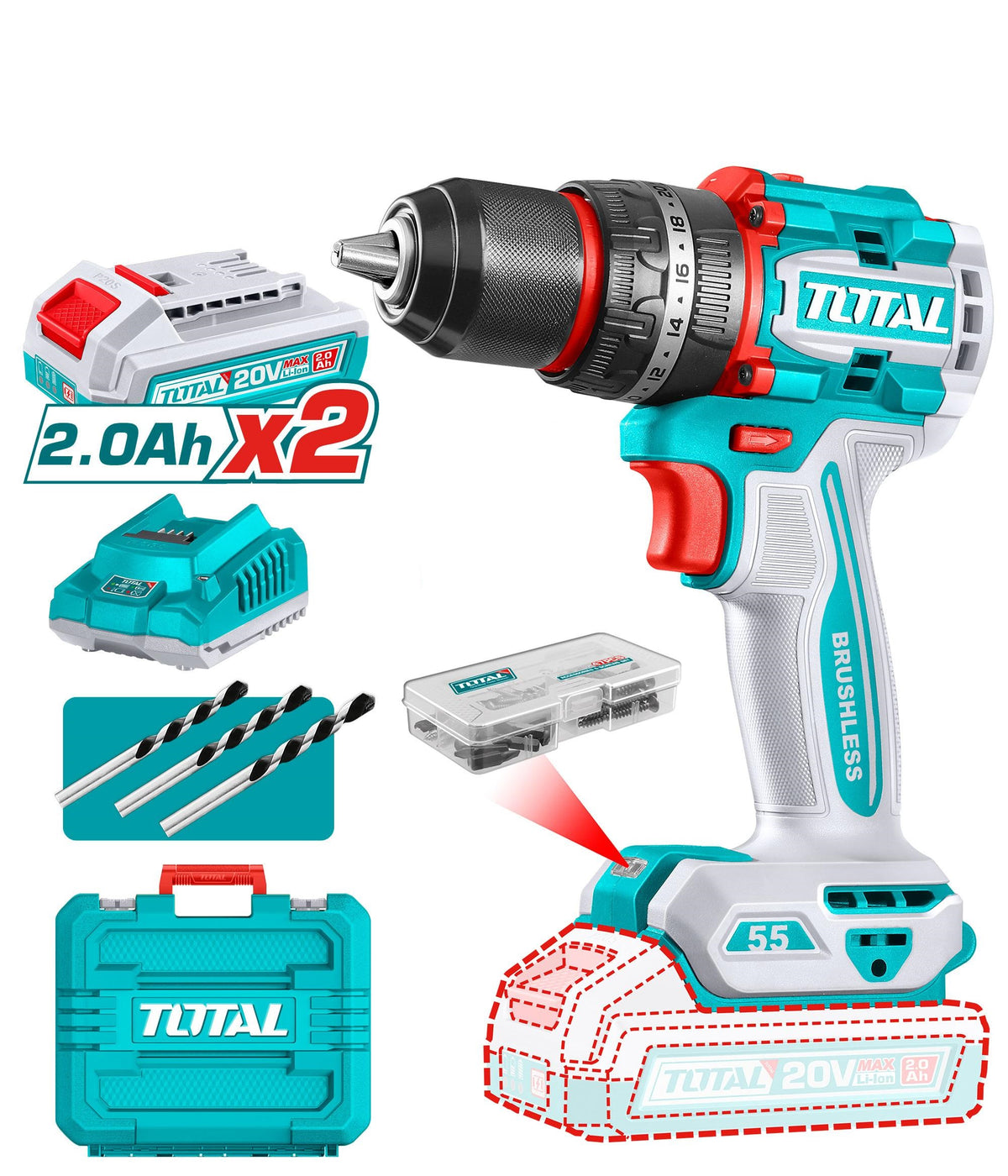 Total 20V Compact Brushless Impact Drill 55N.m