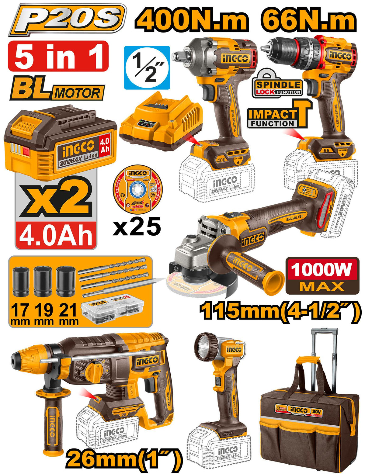 INGCO Cordless Combo 5 Pcs