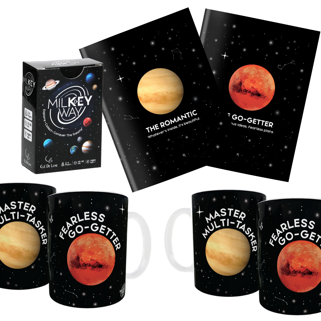 Venus & Mars Couple Set - 2 Notebooks, 2 Mugs, 1 Game