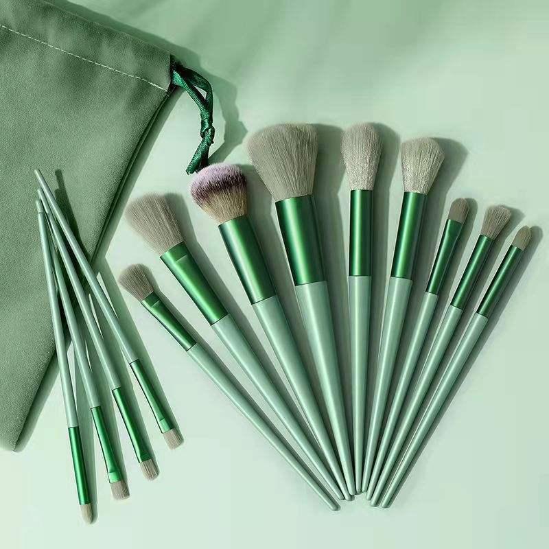13 Pieces Makeup Brushes Full Set with Bag - Green