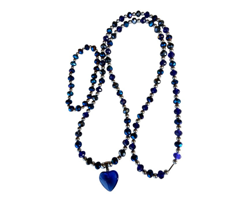 Navy Blue Heart Necklace and Bracelet Set