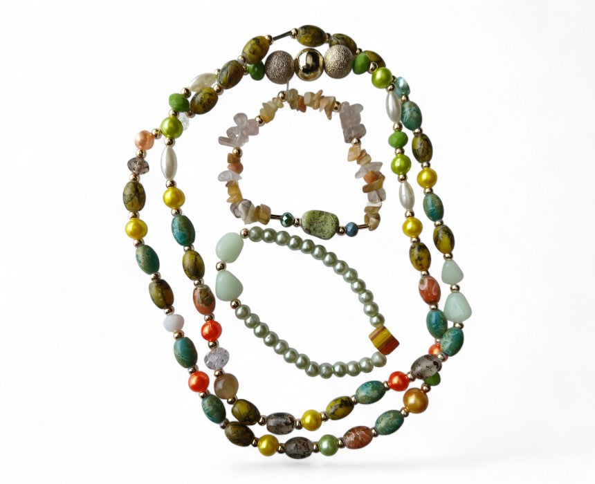 The Colorful Artisan Pearl & Stone Necklace Bracelet Set