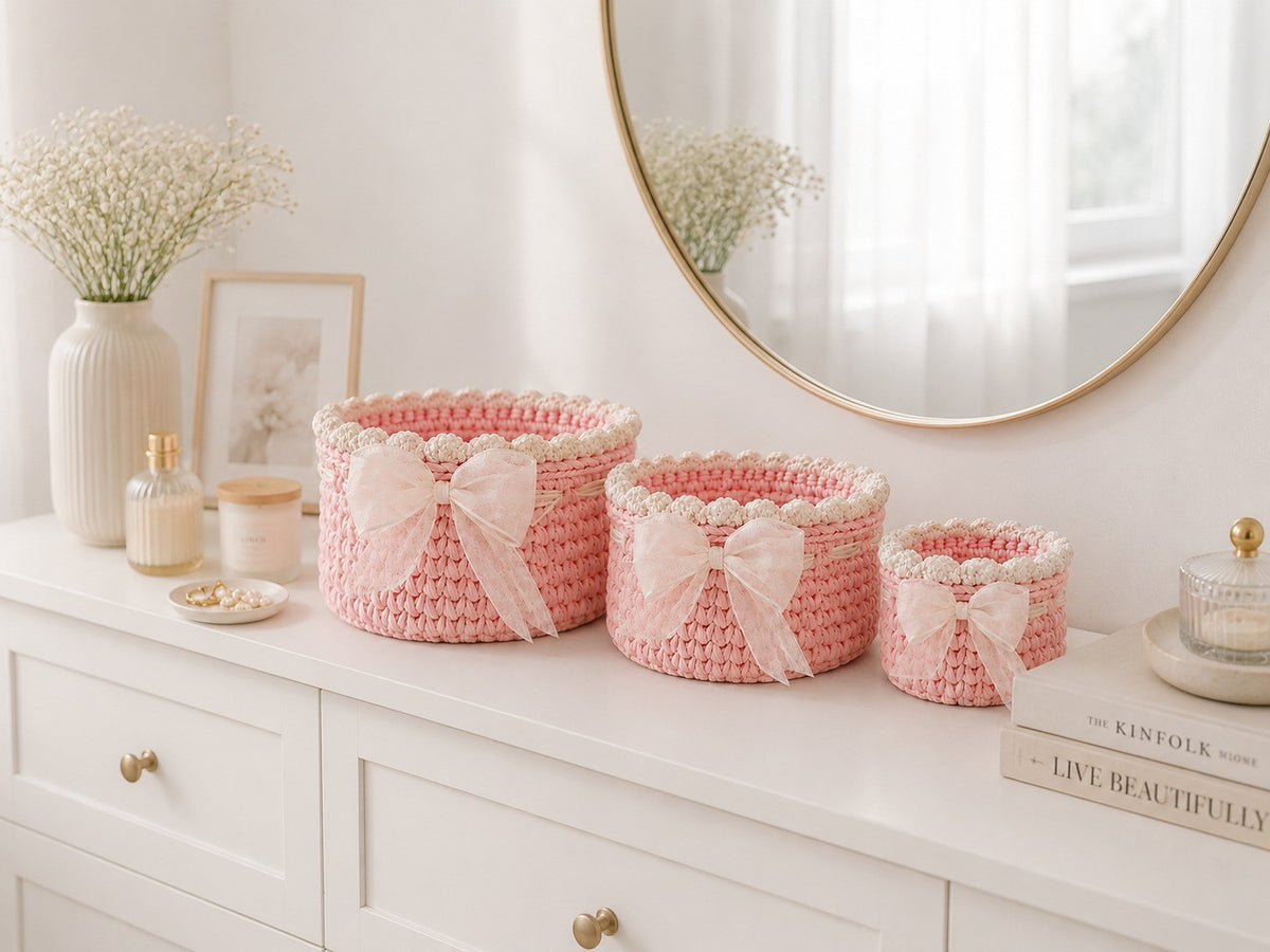 Crochet Pink Basket Set