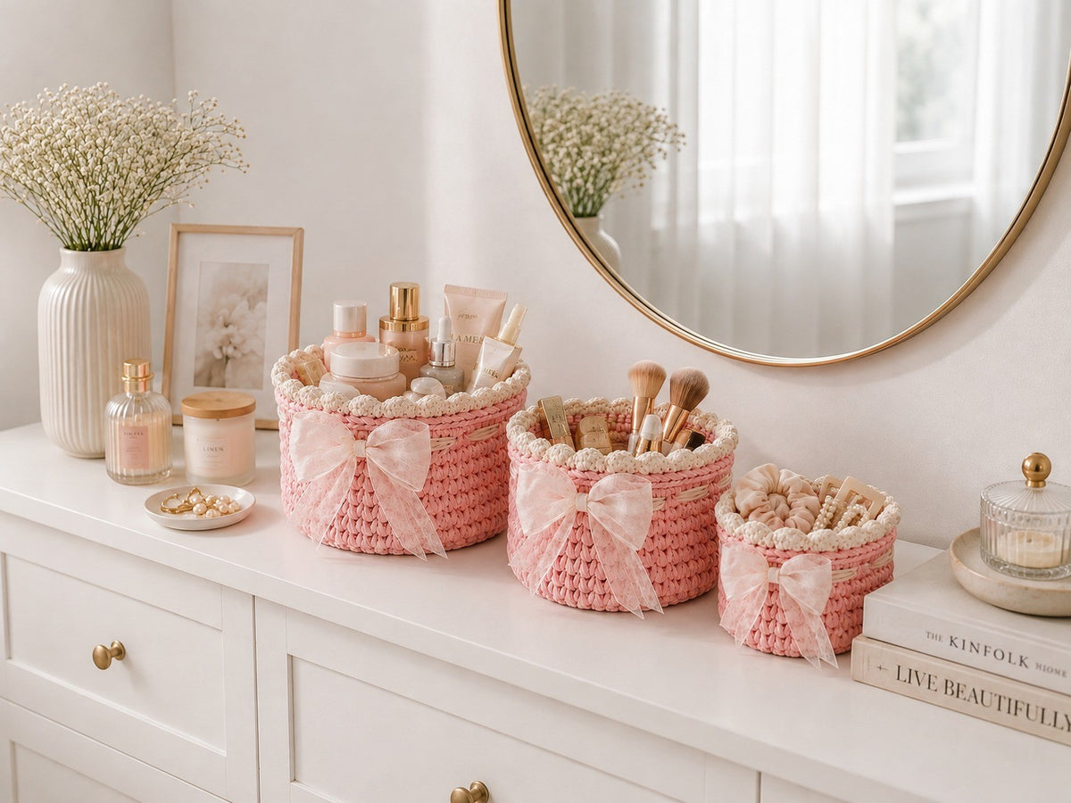 Crochet Pink Basket Set