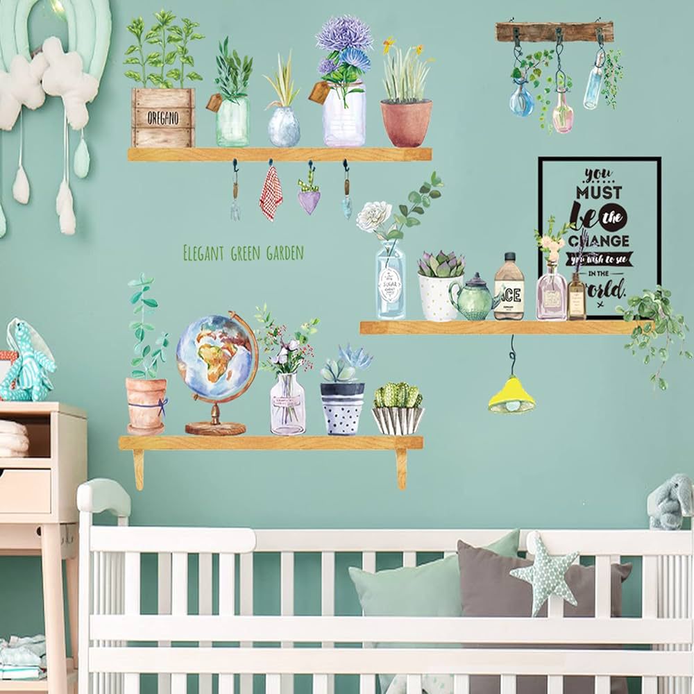 Wood Shelves & Flowers Pots Wall Sticker