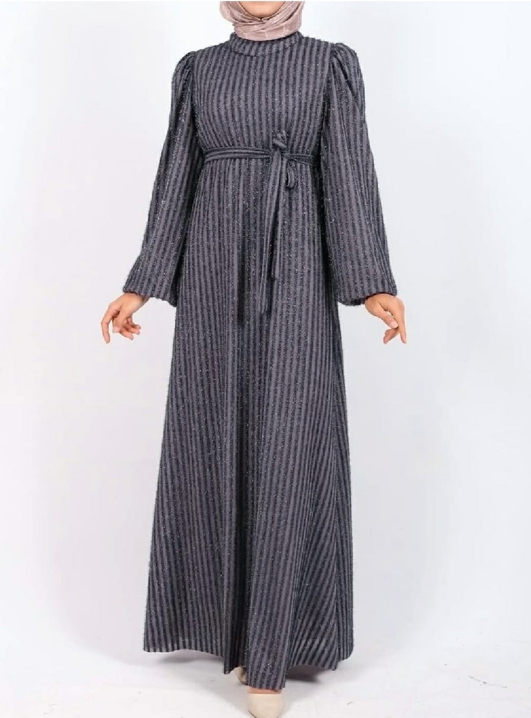 Gray Dress with Elasticated Sleeves, Glitter Stripes, and Belt