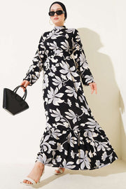 Black & White Floral Print Ruffled Dress