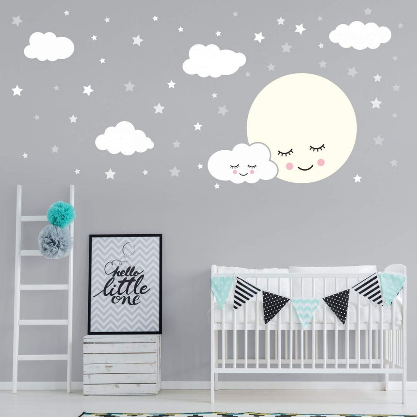 White Moon, Clouds and Stars Wall Decal
