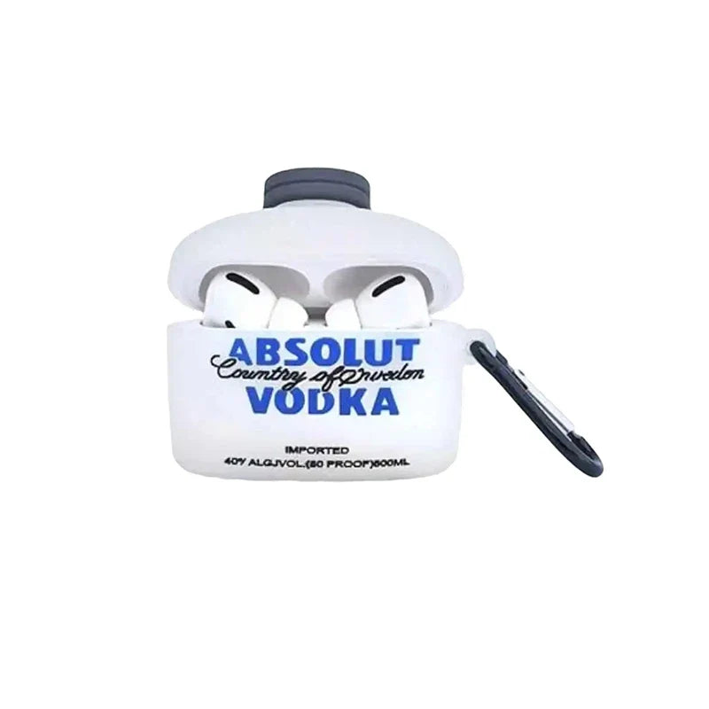 AirPods case with Absolut Vodka branding on a white background