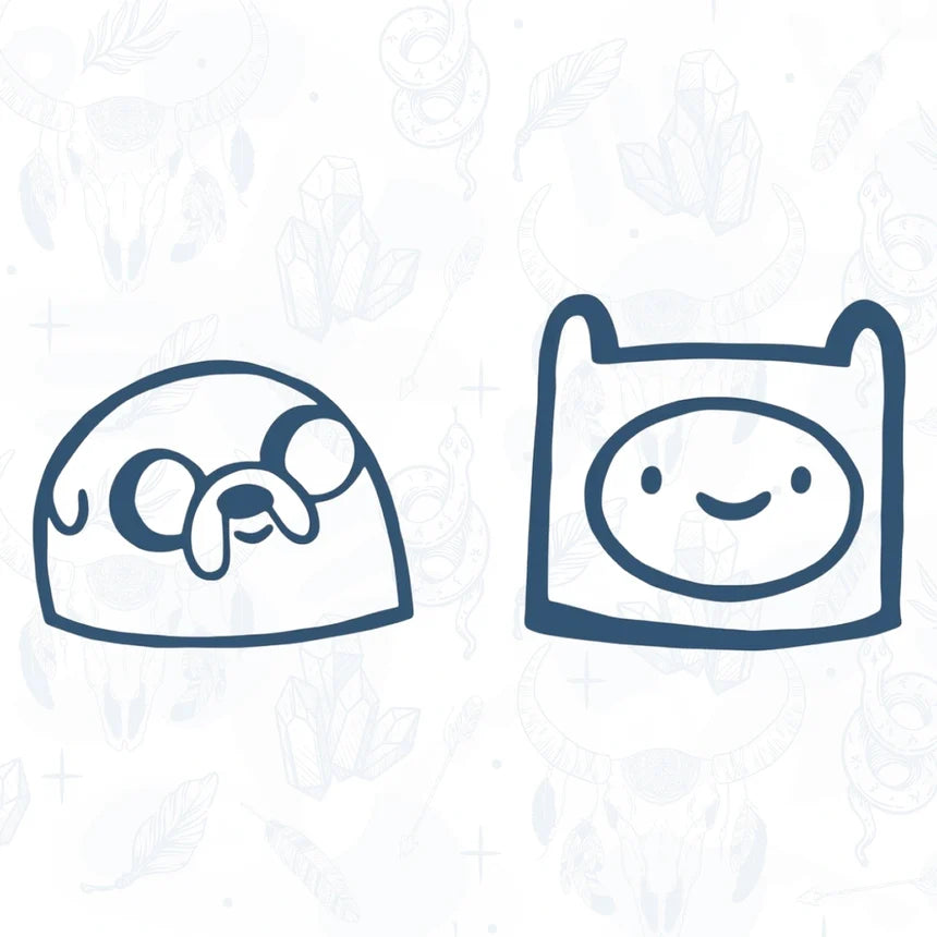Two cartoon characters from Cartoon Adventure TIme tattoo design on a light blue patterned background