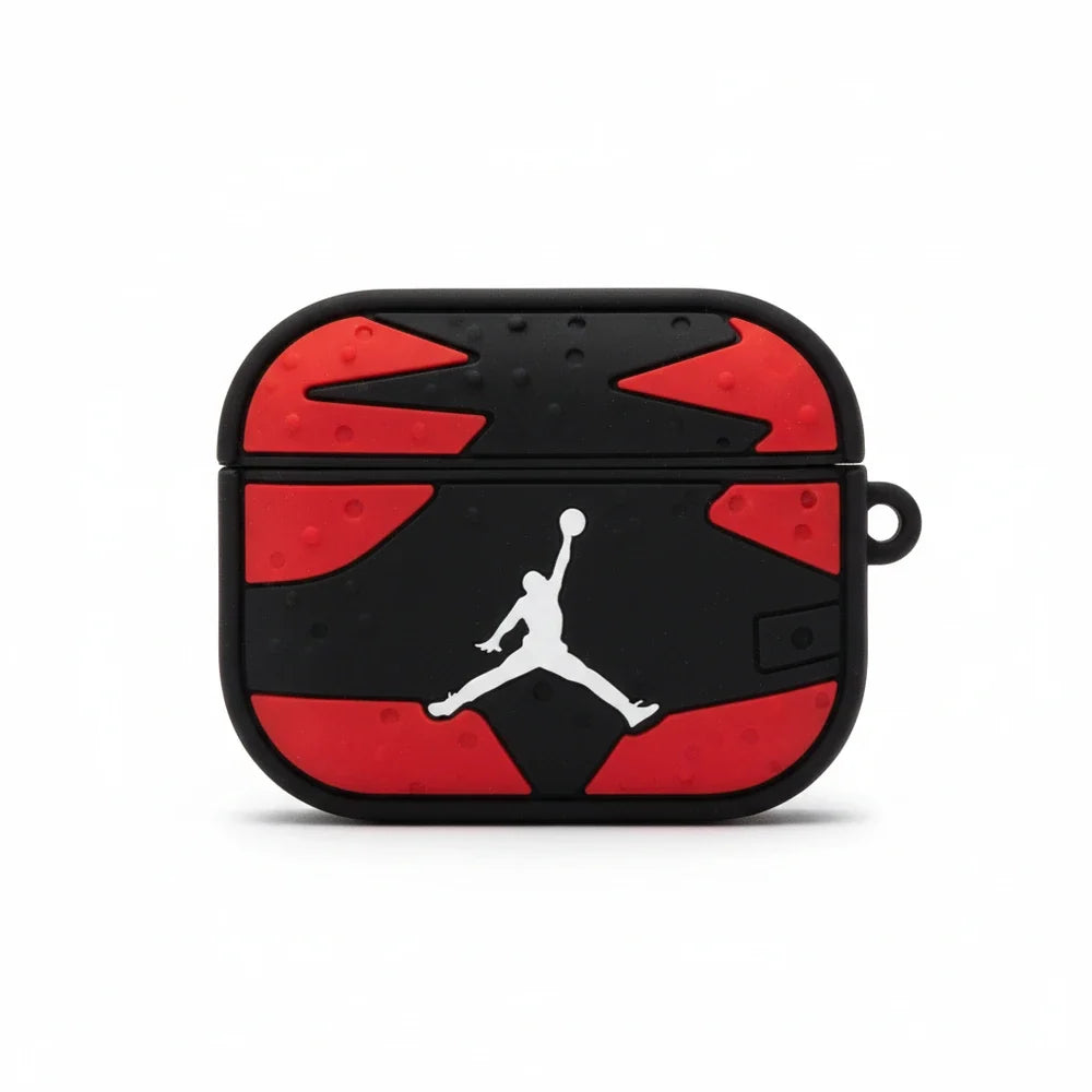 Red and black AirPods case with a white logo on a white background