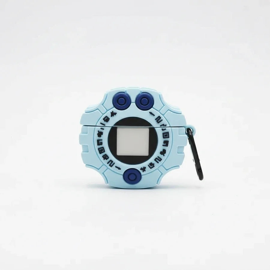 Light blue digital toy with black screen and blue buttons on a white background