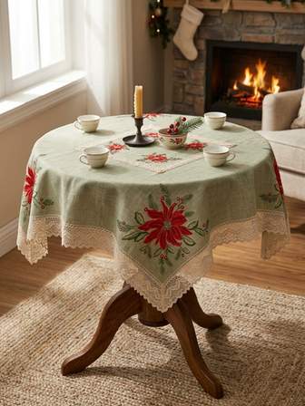 Christmas Embroidered Poinsettia and Lace Linen Tablecloth (1m x 1m)