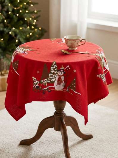 Christmas Forest Snowman Sledding Tablecloth (1m x 1m)