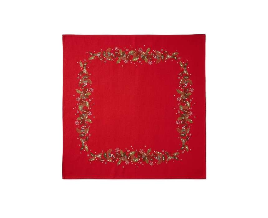 Embroidered Christmas Holly and Ribbon Linen Tablecloth (1m x 1m)