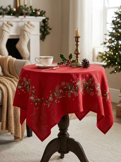 Embroidered Christmas Holly and Ribbon Linen Tablecloth (1m x 1m)