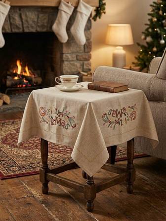 Embroidered Christmas Wreath Tablecloth (1m x 1m)
