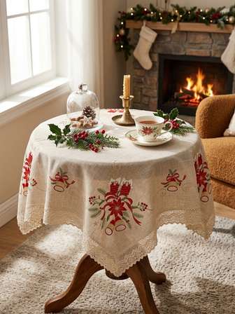 Lace Trimmed Poinsettia and Christmas Candle Tablecloth (1m x 1m)