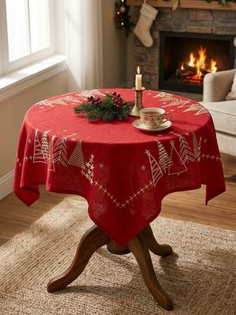 Red Festive Christmas Tree Square Tablecloth (1m x 1m)