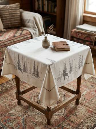 White Christmas Forest and Reindeer Square Tablecloth (1m x 1m)