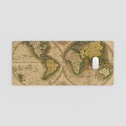 Phone case with vintage world map design on a light gray background
