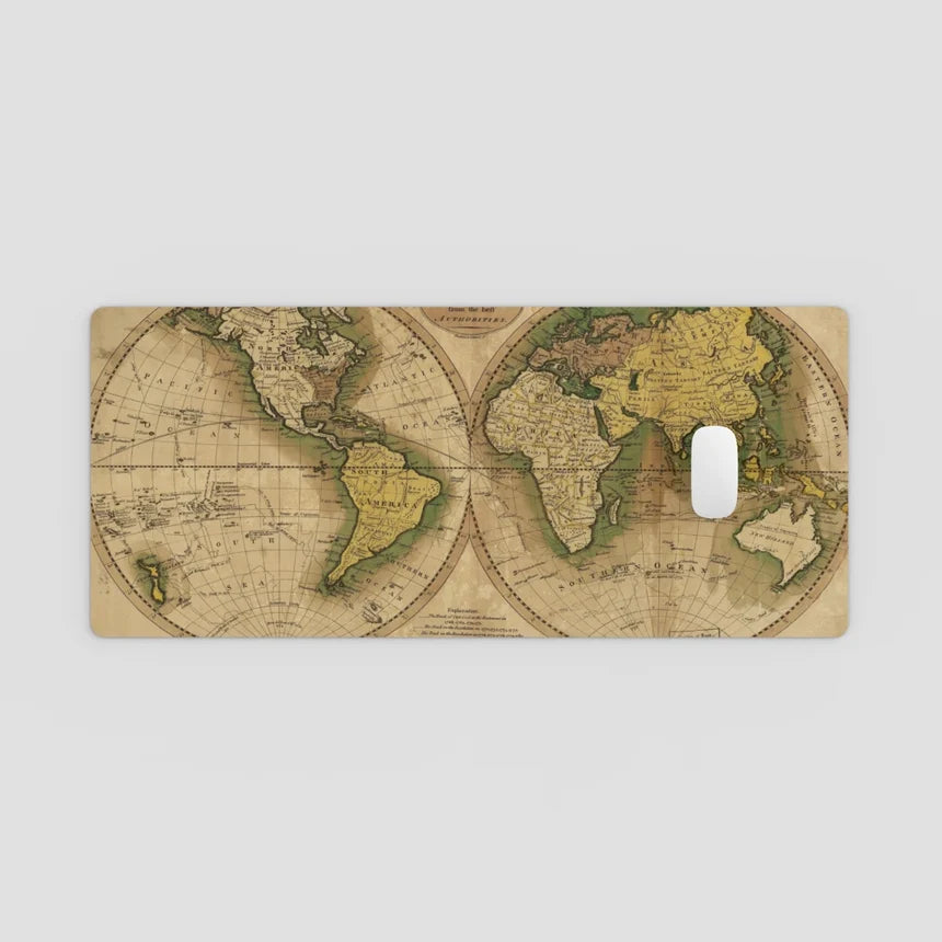 Phone case with vintage world map design on a light gray background