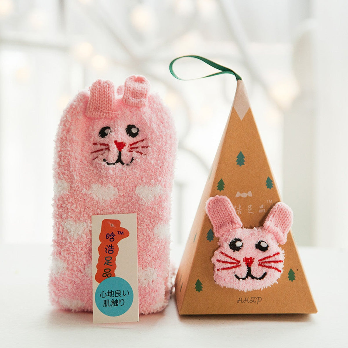Pink rabbit fluffy socks and triangular gift box