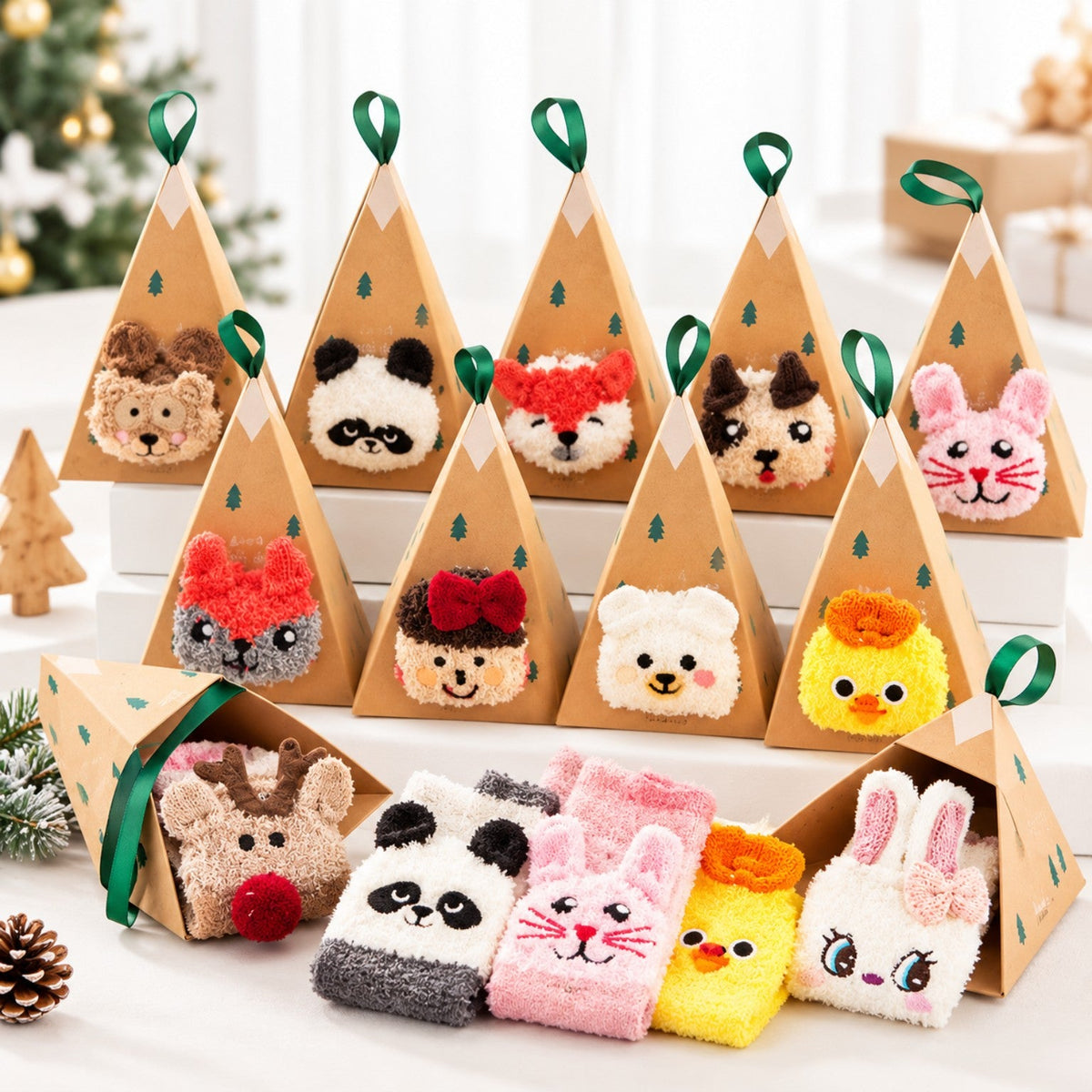 Assorted cute animal socks in triangular Christmas gift boxes