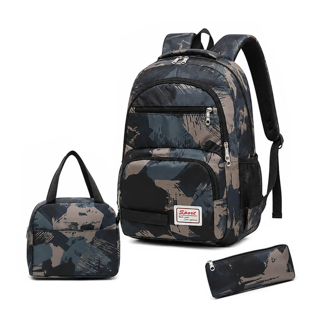 School backpack and lunch bag combo in green camouflage tones