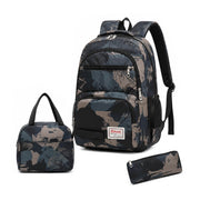 School backpack and lunch bag combo in green camouflage tones