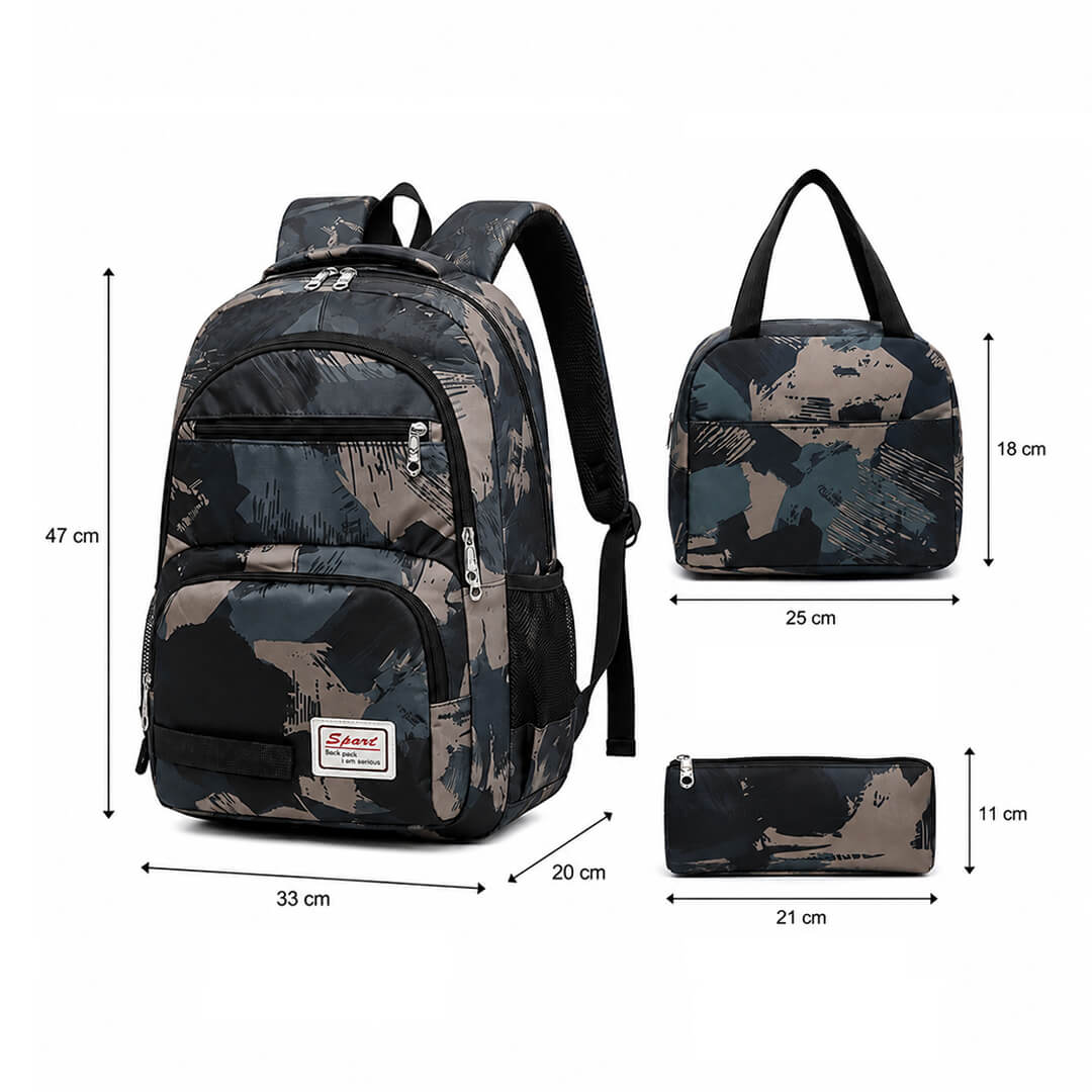 Army geometric school bag for grades 4–10 with matching accessories, dimensions