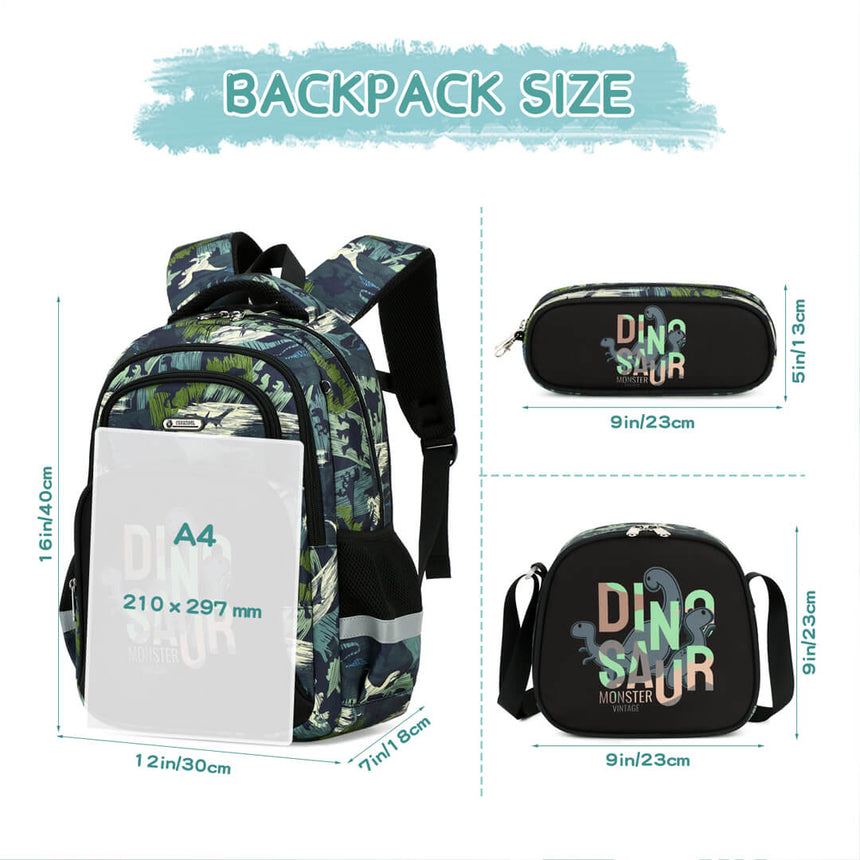 Dimensions of the Complete dinosaur backpack set: bag, lunch tote, pencil case