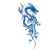 Blue dragon design with floral elements on a white background