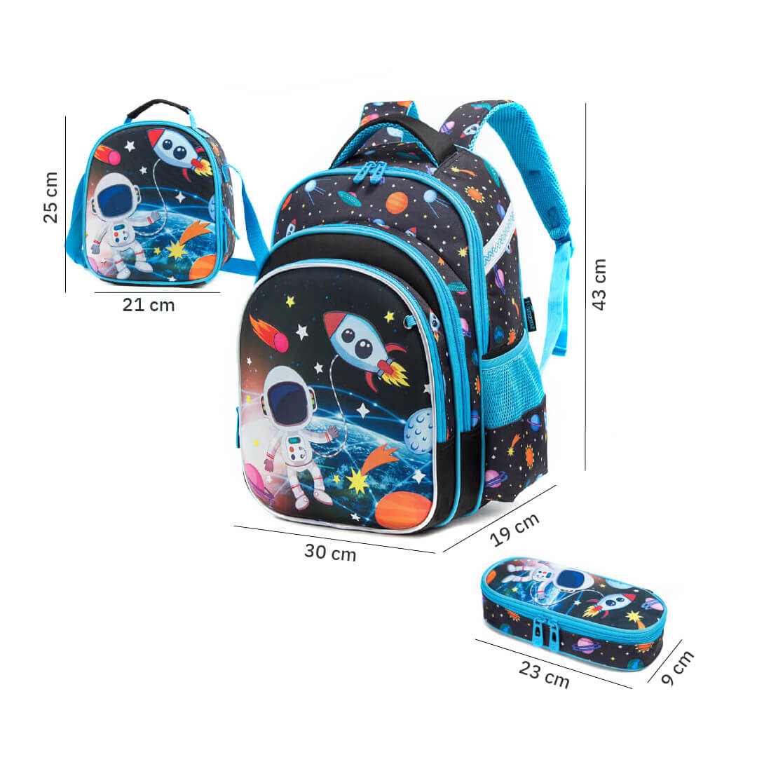 Space-themed backpack 3-piece set with dimensions for grade 1 to 4