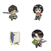 Set of four anime character pins with a logo on a white background