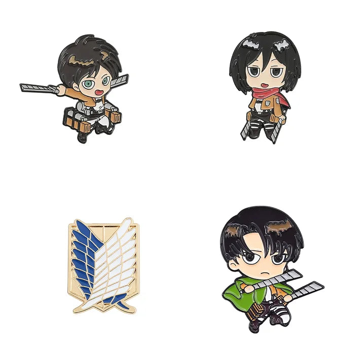Set of four anime character pins with a logo on a white background