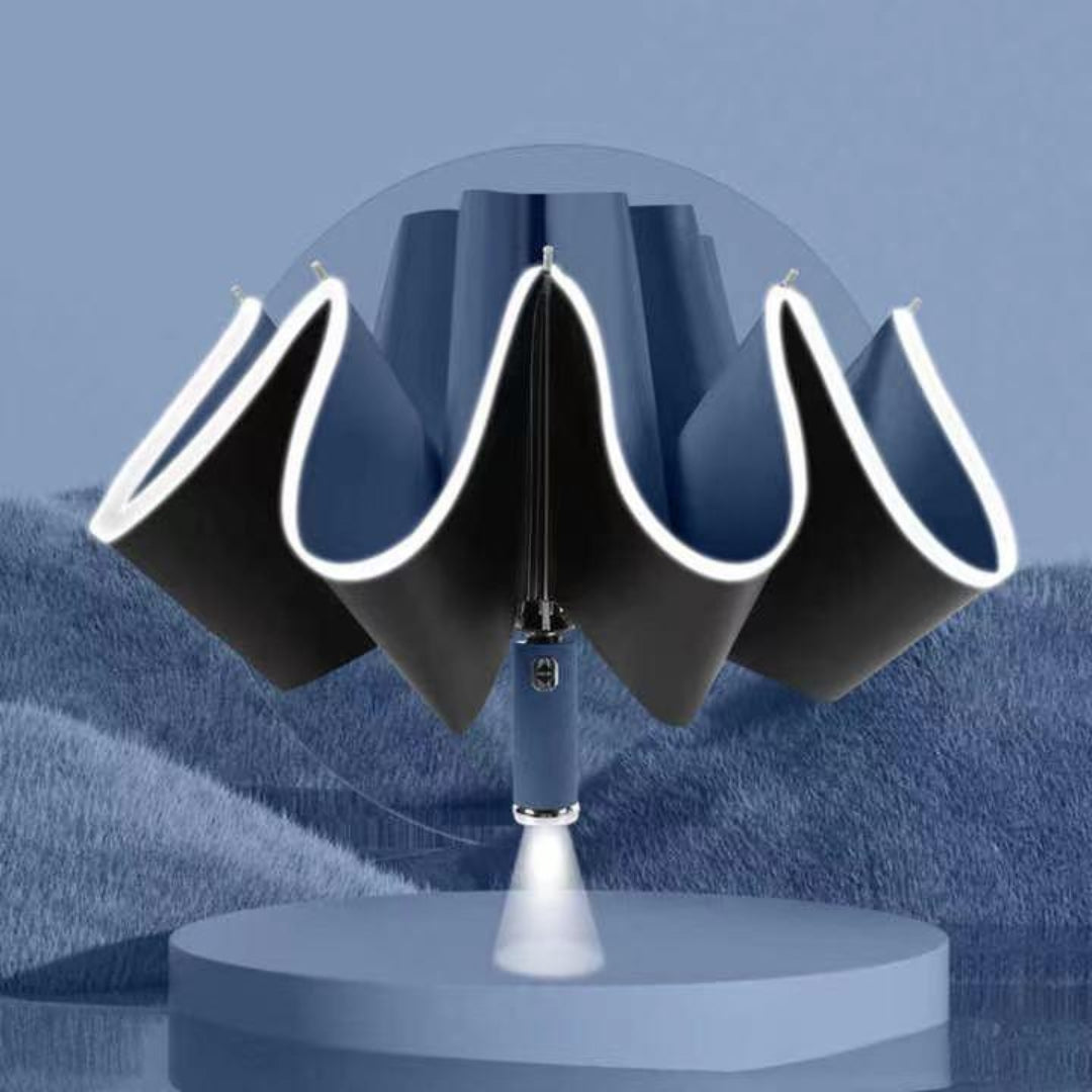 Automatic 3-Fold Inverted Umbrella with Built-In LED Light - Navy
