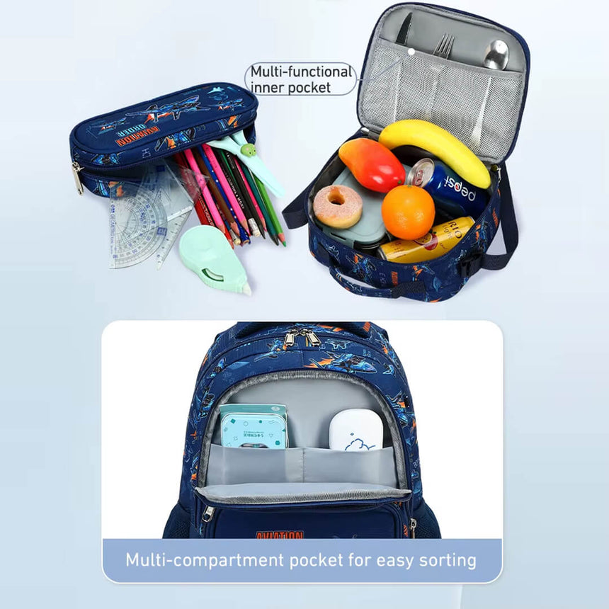 Boys' aviation backpack with lunch bag and pencil case for grade 2 to 9