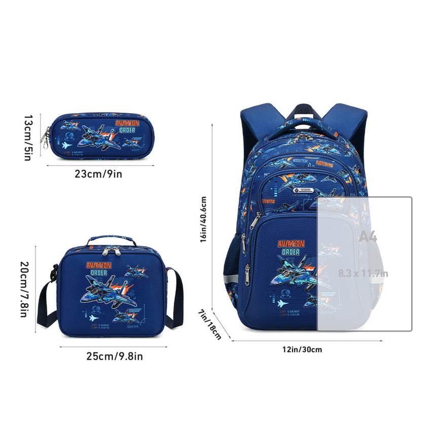 Large-capacity aviation theme backpack with lunch bag and pencil case