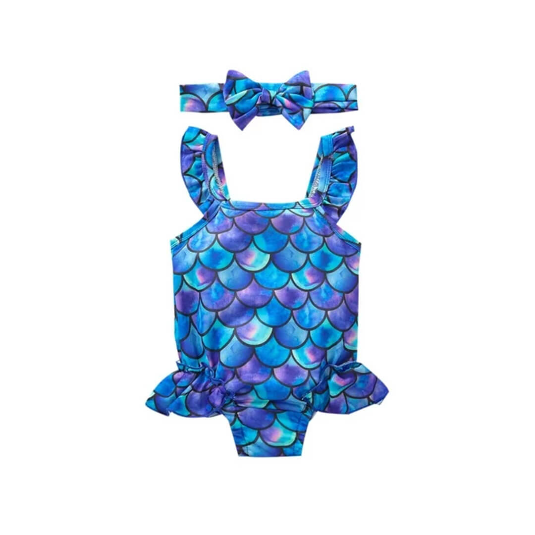 Mermaid swimsuit for baby girls with ruffle detail and hair bow