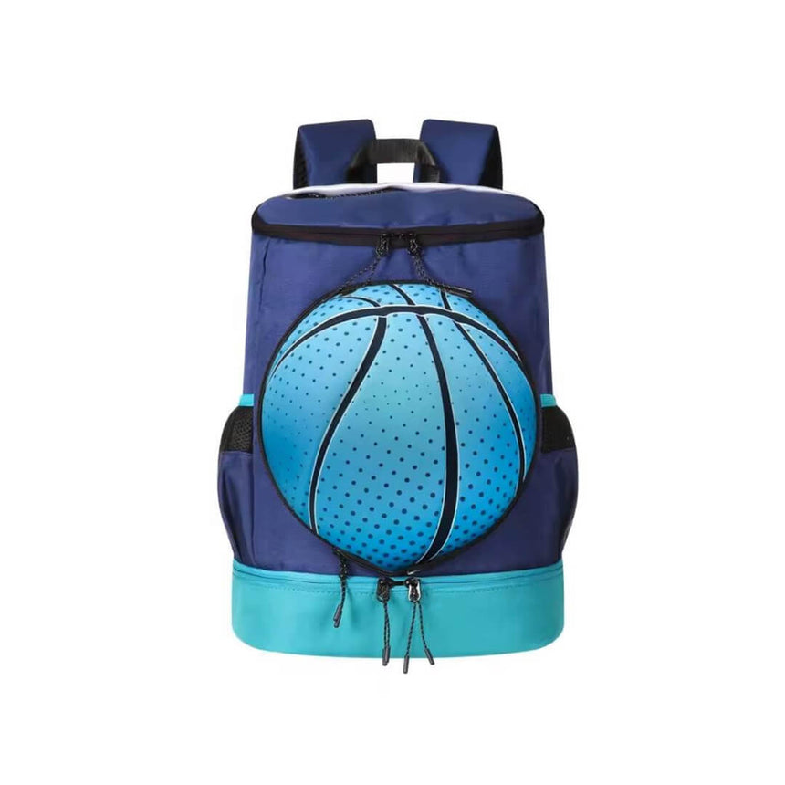 Basketball school backpack with separate front ball pocket, blue and teal color