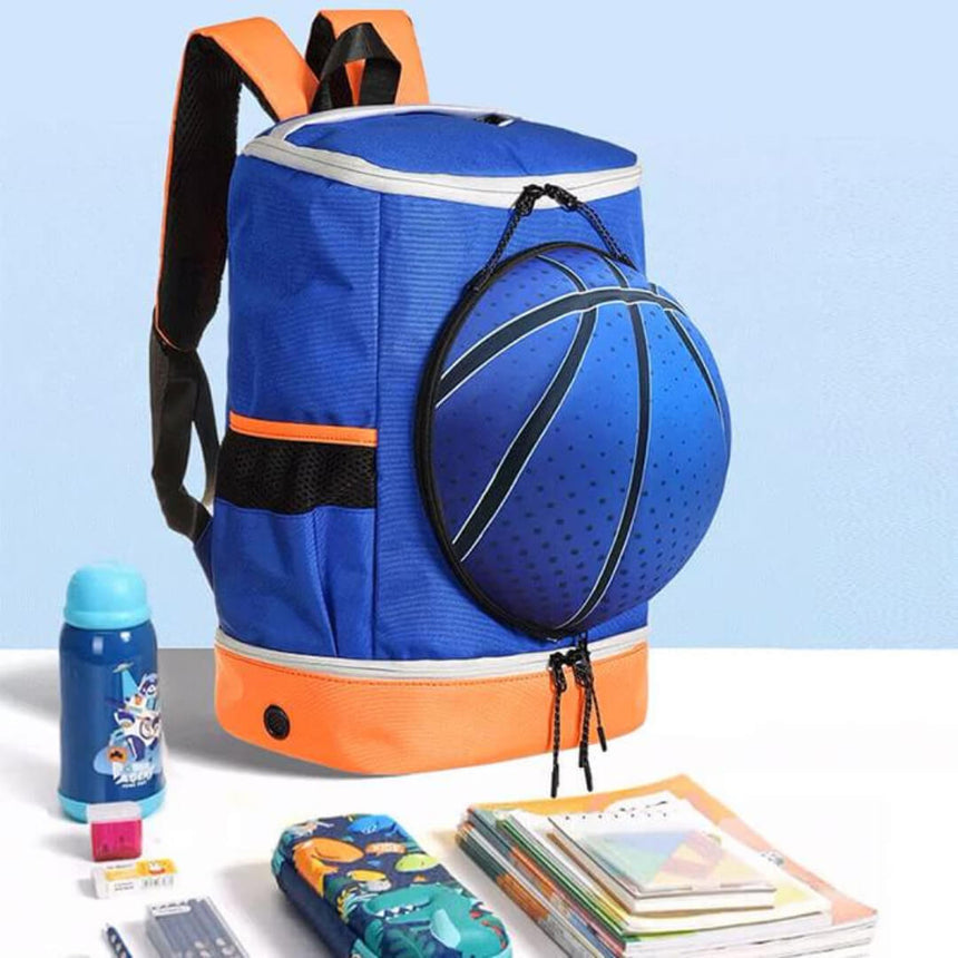 Water-resistant basketball backpack for students, blue and orange color